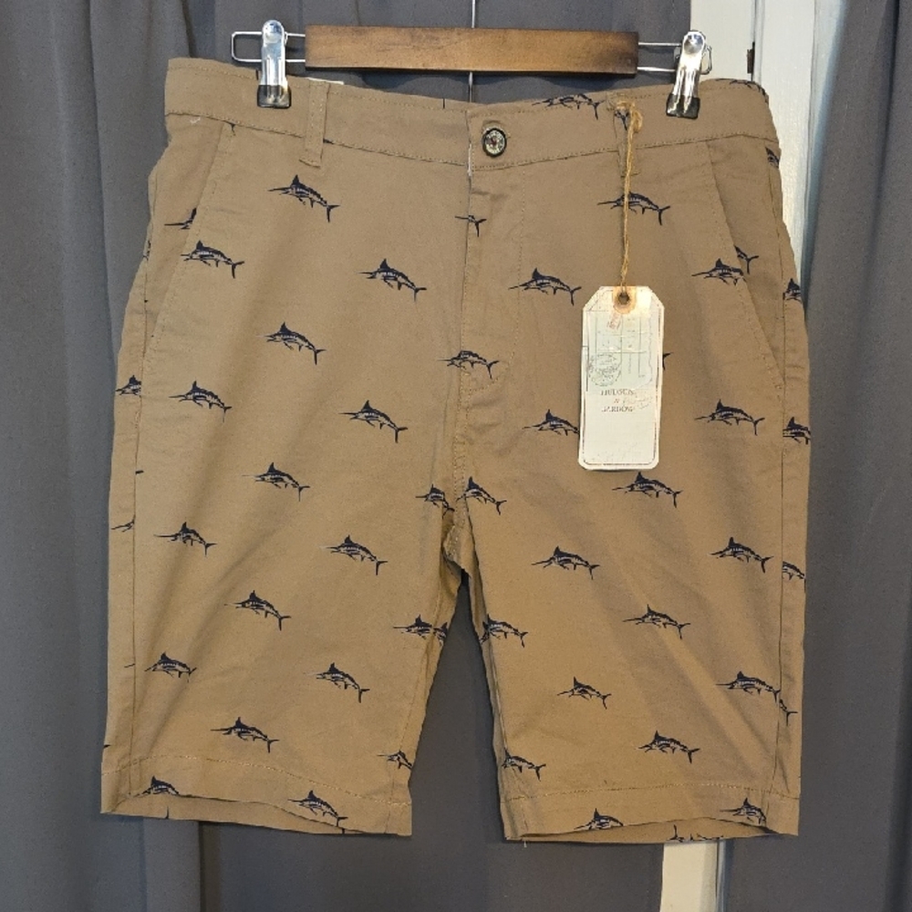 NWT Hudson & Barrow‎ Men's Shorts Tan W/Navy Swordfish Flat Front Pockets Sz 32